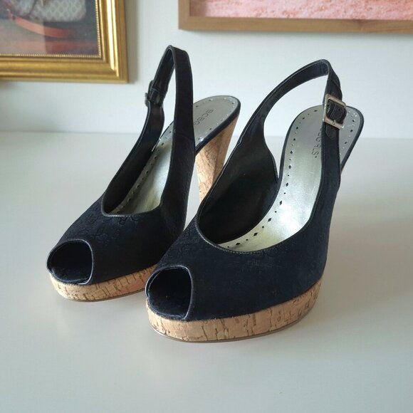 NWOT BCBGirls black logo textile & cork heeled platform sandal, US 10 - Picture 12 of 13